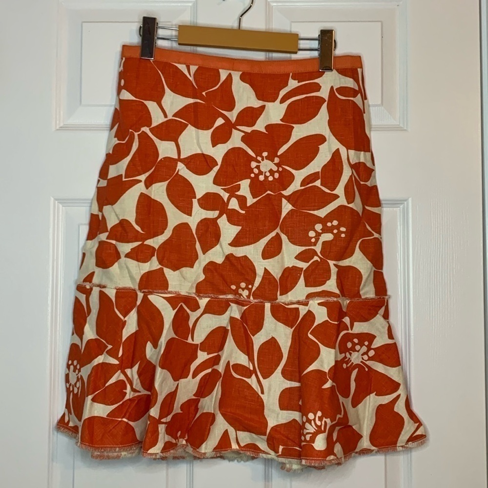 J Crew Linen Floral Skirt Trumpet Style Orange White Womens Size 2 Retro Boho